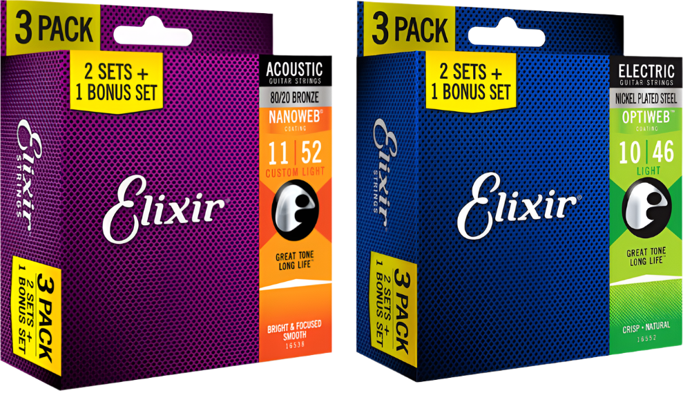 Elixir 3-Pack Guitar strings Optiweb Nanoweb Nickle Phosphor Bronze (16538 16539 16540 16542 16544 16545 16550 16552)