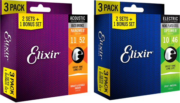 Elixir 3-Pack Guitar strings Optiweb Nanoweb Nickle Phosphor Bronze (16538 16539 16540 16542 16544 16545 16550 16552)