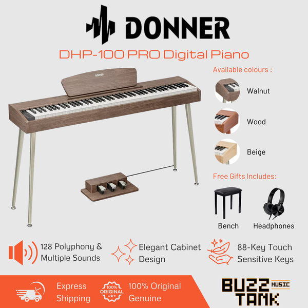 Donner DHP-100 PRO Digital Piano, Walnut, Wood or Beige - 88-Key, Velocity Sensitive, Immersive Sound, Elegant