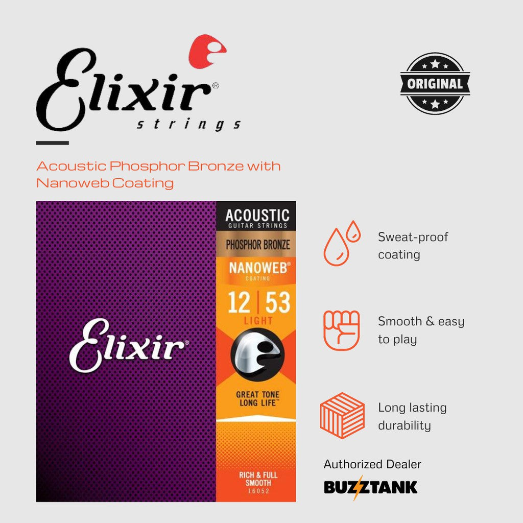 Elixir Nanoweb Acoustic Guitar Strings Phosphor Bronze 10/11/12 Gauges 16002 16027 16052 16182 16102