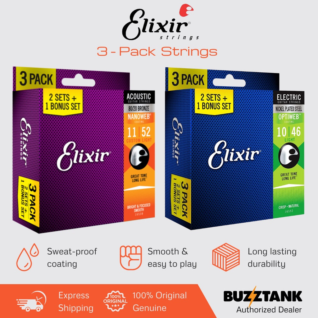 Elixir 3-Pack Guitar strings Optiweb Nanoweb Nickle Phosphor Bronze (16538 16539 16540 16542 16544 16545 16550 16552)
