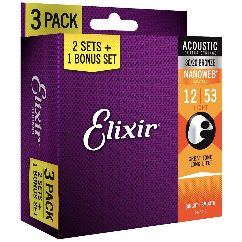 Elixir 3-Pack Guitar strings Optiweb Nanoweb Nickle Phosphor Bronze (16538 16539 16540 16542 16544 16545 16550 16552)