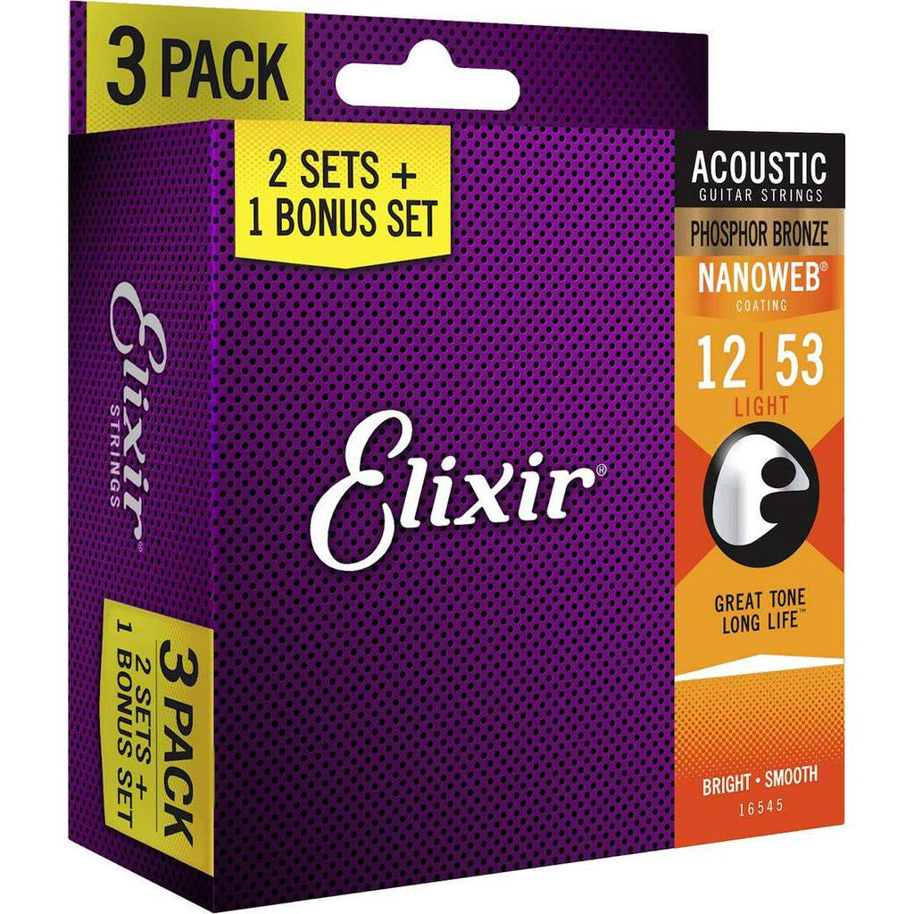 Elixir 3-Pack Guitar strings Optiweb Nanoweb Nickle Phosphor Bronze (16538 16539 16540 16542 16544 16545 16550 16552)