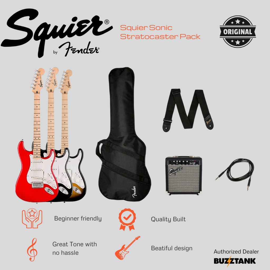 Squier Sonic Stratocaster Pack w/Gig Bag, Maple FB, 10G, 230V UK