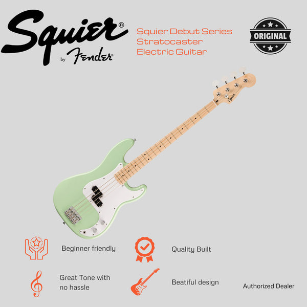Squier FSR Sonic Precision Bass Guitar w/White Pickguard, Maple FB, Surf Green