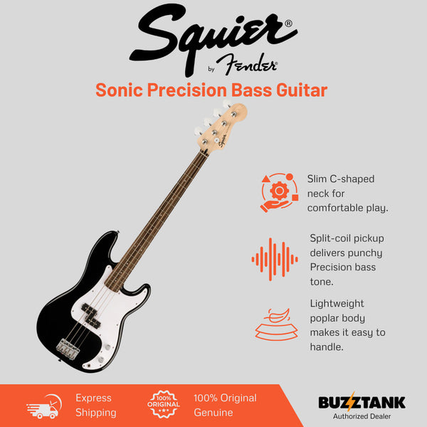 Squier Sonic Precision Bass Guitar w/White Pickguard, Laurel FB, Black