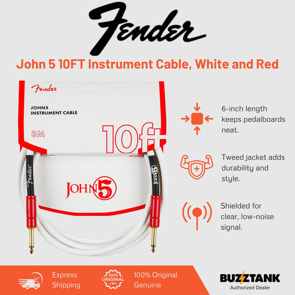 Fender John 5 10FT Instrument Cable, White and Red