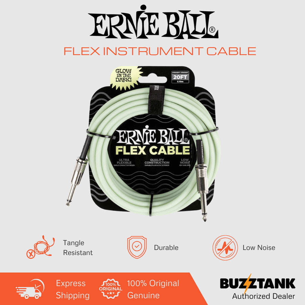 Ernie Ball 20FT Flex Straight to Straight Instrument Cable, Glow In Dark