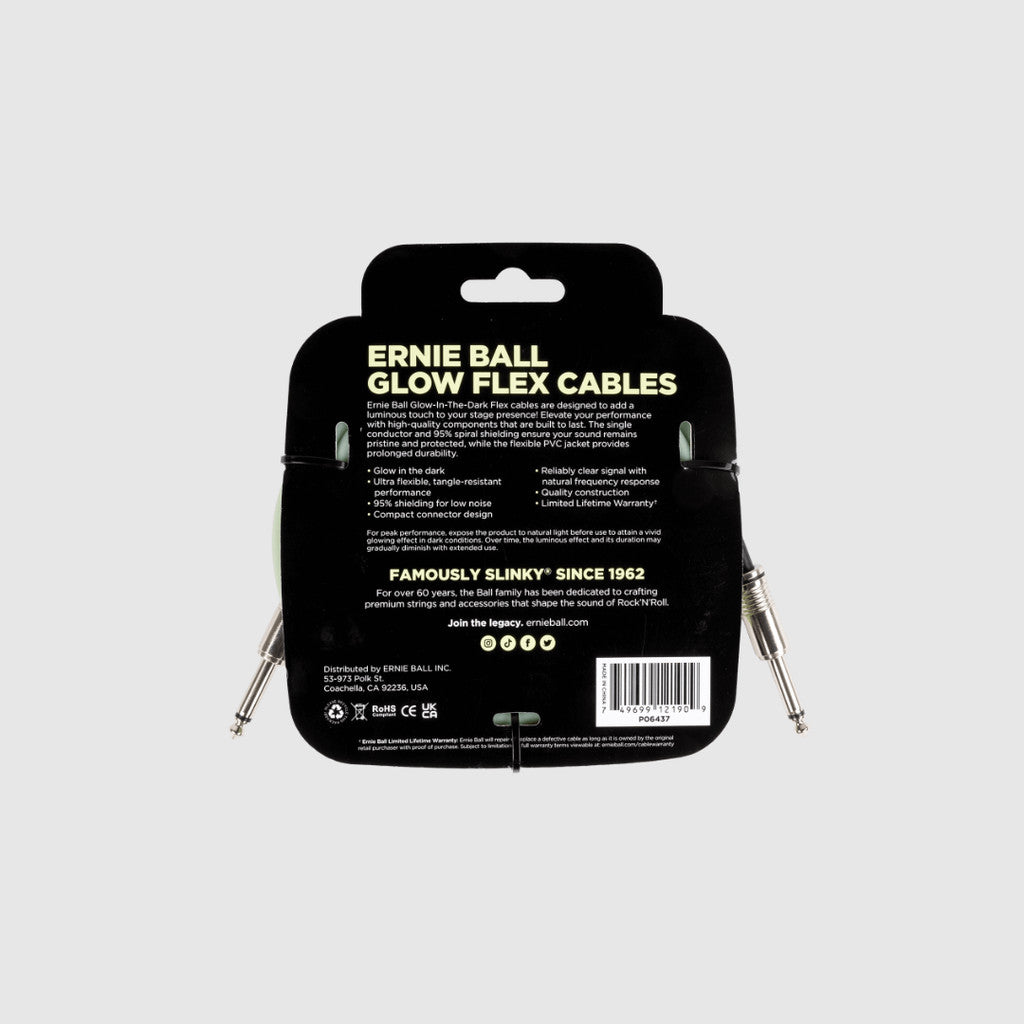 Ernie Ball 20FT Flex Straight to Straight Instrument Cable, Glow In Dark
