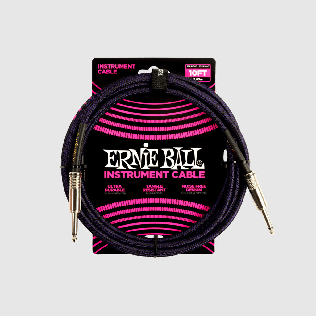 Ernie Ball 10FT Braided Straight to Straight Instrument Cable, Purple Black