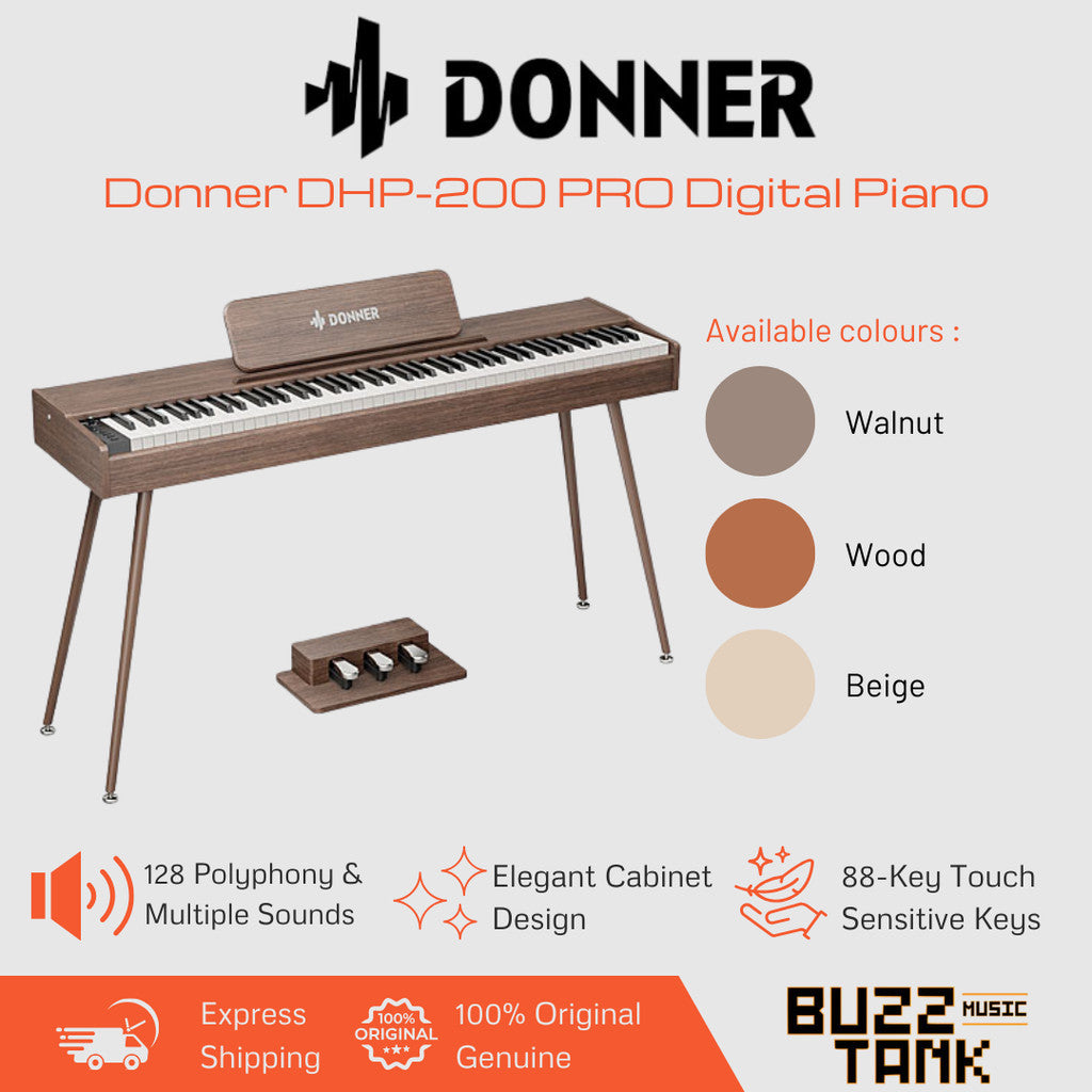 Donner DHP-200 PRO Digital Piano, Walnut, Wood or Beige - 88-Key, Powerful Sound, True Piano Feel