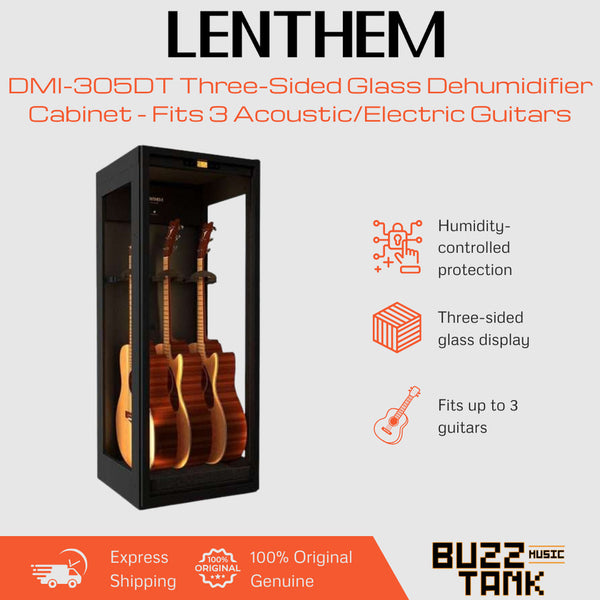 Lenthem DMI-305DT Three-Sided Glass Dehumidifier Cabinet - Fits 3 Acoustic/Electric Guitars