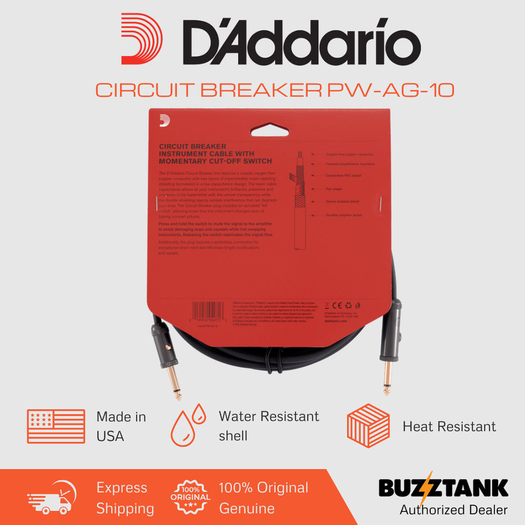 D'Addario Circuit Breaker Series Instrument Cables, Straight, Normal/Latching, 10ft/20ft