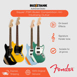 Squier FSR Bullet Competition HH Mustang Electric Guitar w/ Stripes, Sherwood Green, Graffiti Yellow, Black, Daphne Blue