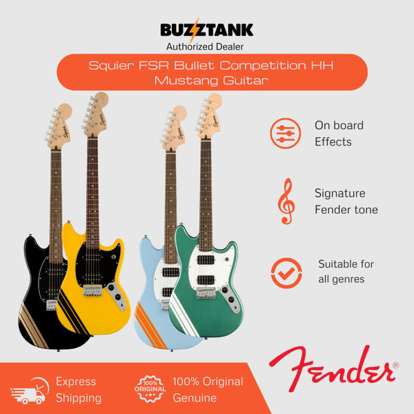 Squier FSR Bullet Competition HH Mustang Electric Guitar w/ Stripes, Sherwood Green, Graffiti Yellow, Black, Daphne Blue