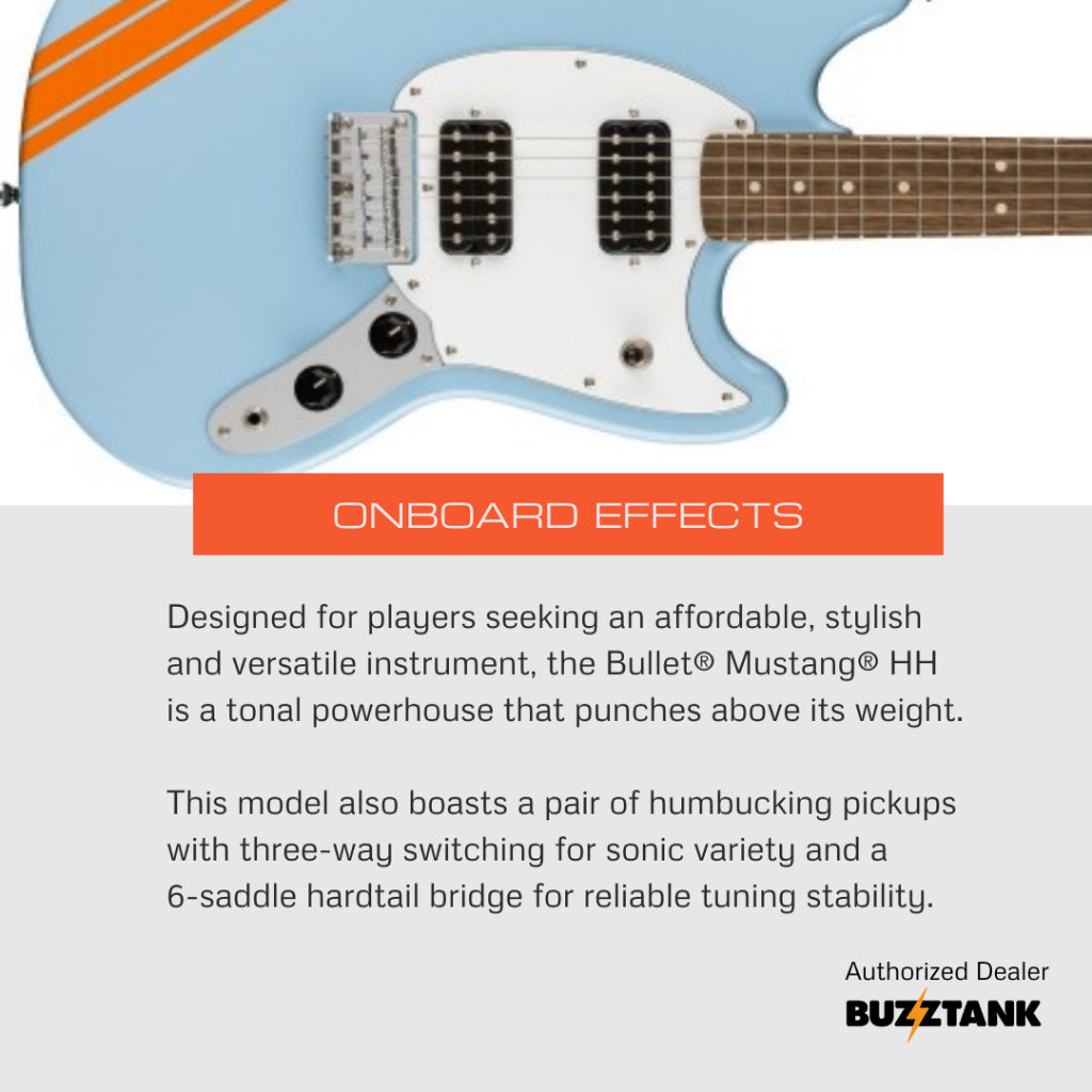 Squier FSR Bullet Competition HH Mustang Electric Guitar w/ Stripes, Sherwood Green, Graffiti Yellow, Black, Daphne Blue