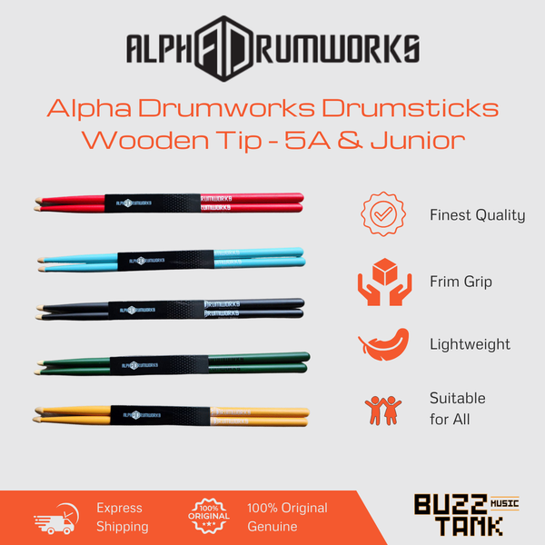 Alpha Drumworks Drum Sticks with Wooden Tip - 5A & Junior