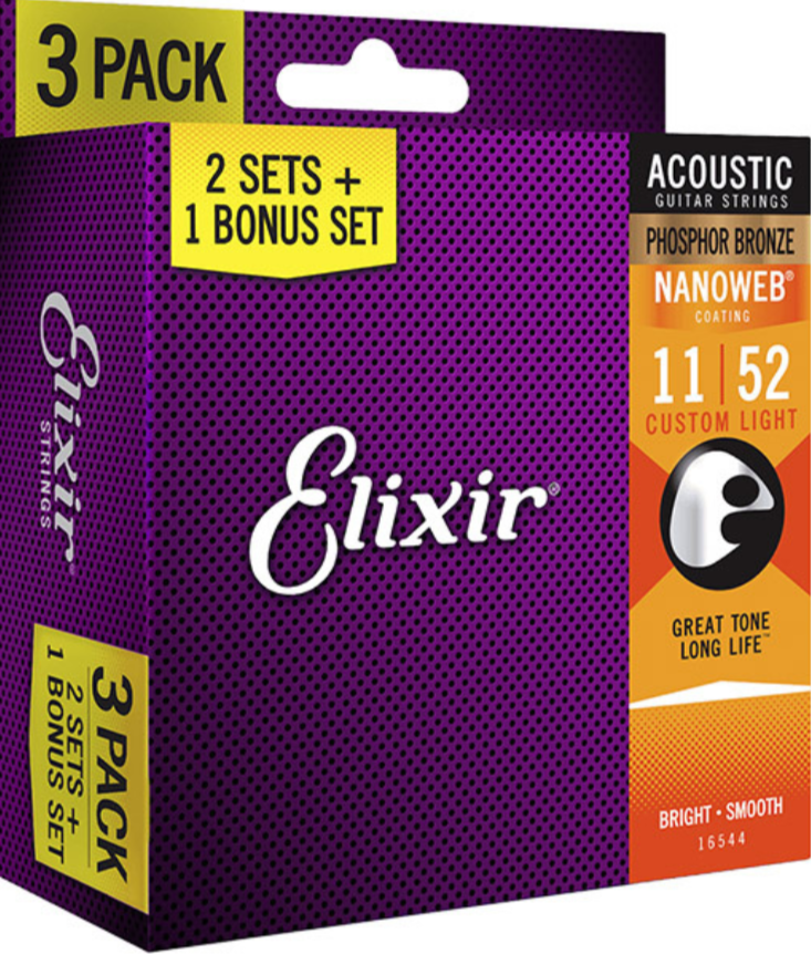 Elixir 3-Pack Guitar strings Optiweb Nanoweb Nickle Phosphor Bronze (16538 16539 16540 16542 16544 16545 16550 16552)