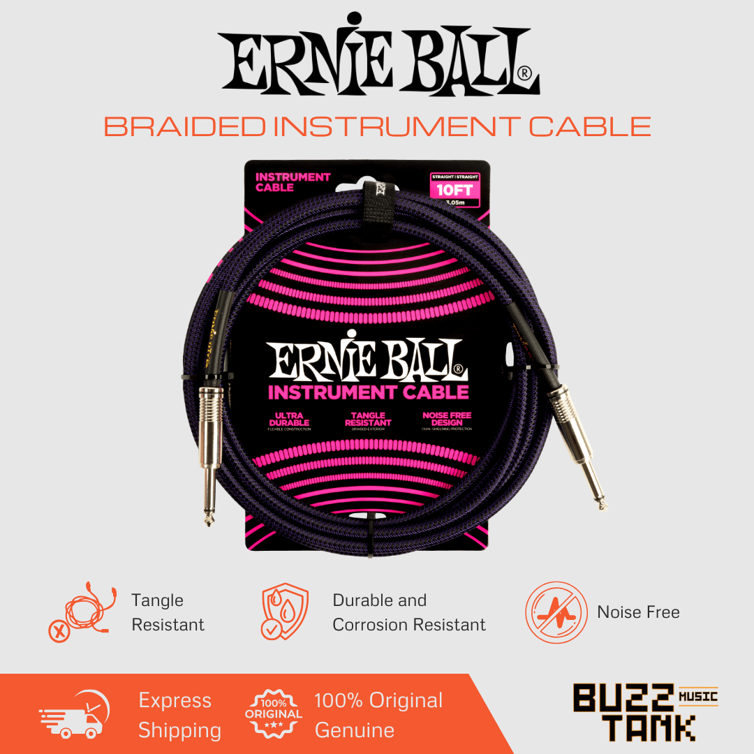 Ernie Ball 10FT Braided Straight to Straight Instrument Cable, Purple Black
