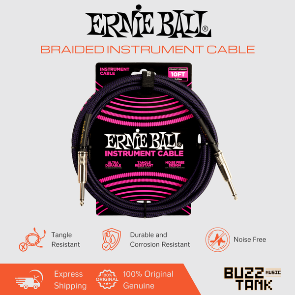 Ernie Ball 10FT Braided Straight to Straight Instrument Cable, Purple Black