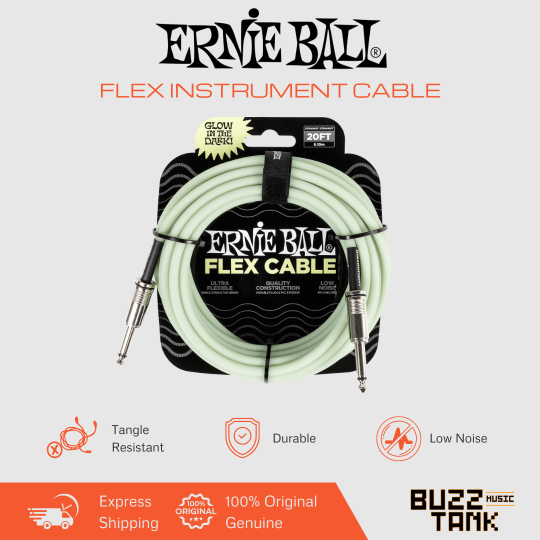 Ernie Ball 20FT Flex Straight to Straight Instrument Cable, Glow In Dark