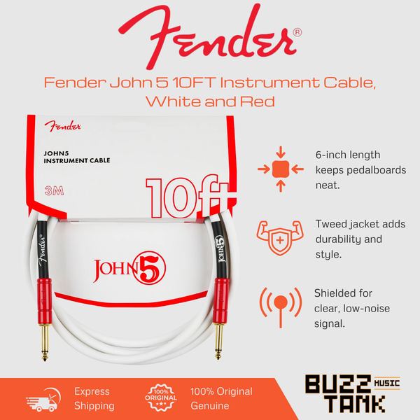 Fender John 5 10FT Instrument Cable, White and Red