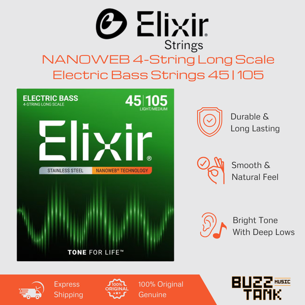Elixir NANOWEB Medium Long Scale 4-String Electric Bass Strings 45-105