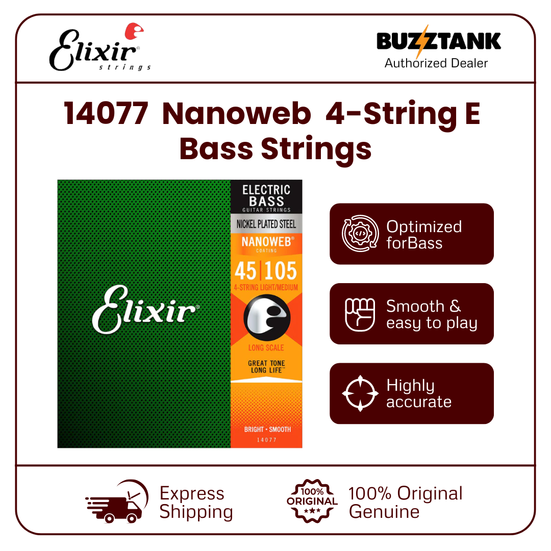 Elixir 14077 Nanoweb Medium Long Scale 4-String Electric Bass Strings 45-105
